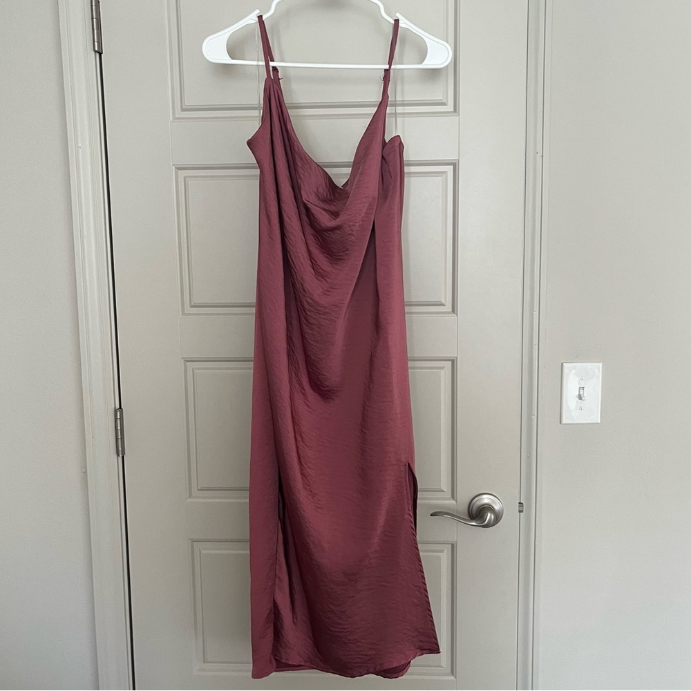 Cowl neck satin slip dress with slit